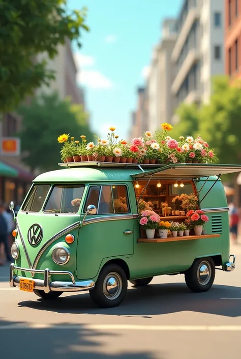 Create a light green van, with flowers being sold at the door of the van, make the van sideways