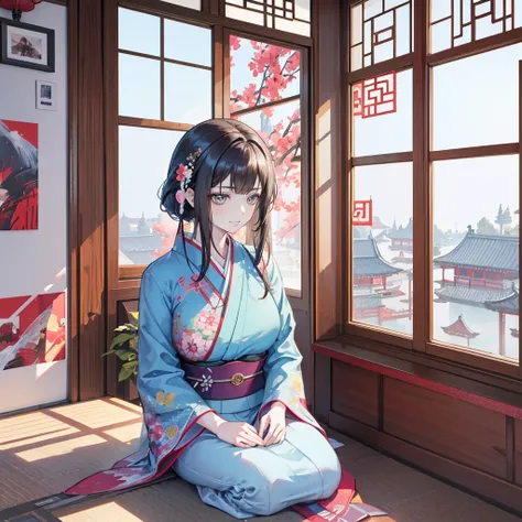 Araffe woman in kimono sitting on windowsill, palace ， Girl wearing Hanfu, Realistic anime 3D style, guweiz style artwork, Beautiful character painting, 3D animation realistic, Popular on cgstation, Anime style 3d, Wearing ancient Chinese clothes, Chinese ...