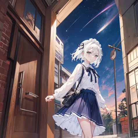 The background is a city, perfect White hair girl, Lolita in a skirt, White hair, White hair god, Cute anime girl in beautiful clothes, White hair, Best Anime 4K Konachan Wallpapers, Small curve, pixiv artstation 上的 guvez, White hair girl, Night Core, Stan...