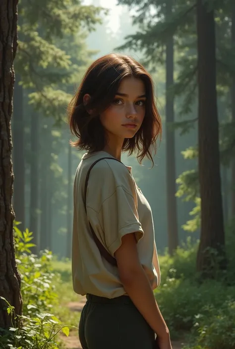 The girl is standing looking back at us, brown shoulder-length hair, brown eyes, slightly swarthy skin, casual clothes, against a background of forest and pine trees.