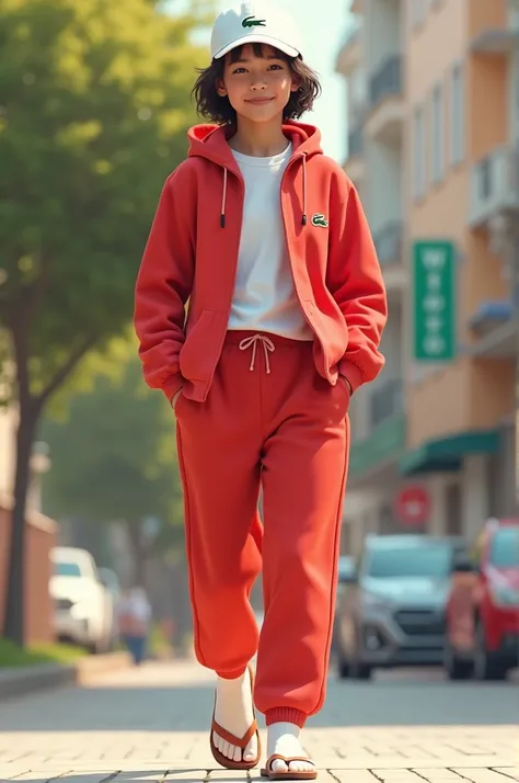 Create a teenager who is wearing white sports sock flip flops, a red Lacoste sweatpants, a light red sweatshirt closed with a white shirt underneath and a white cap