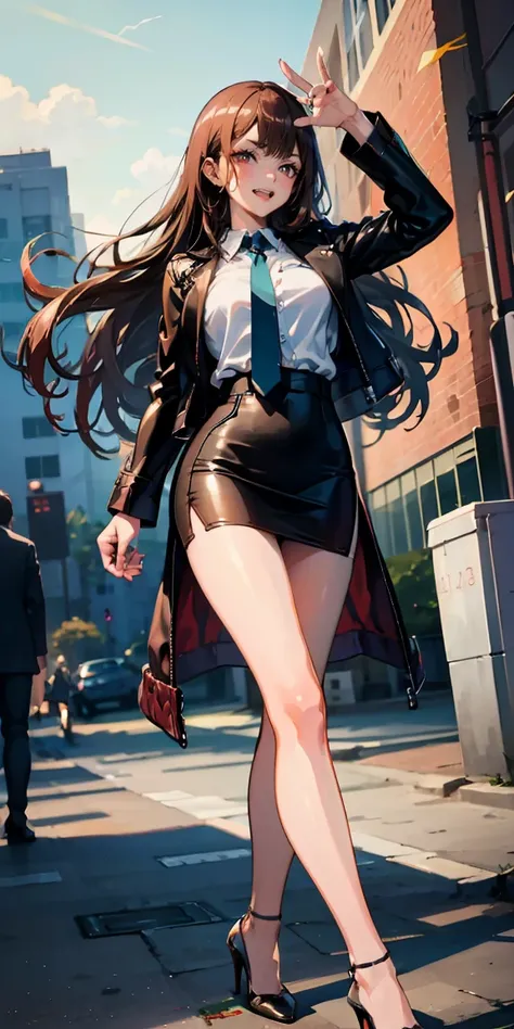 Marin Kitagawa,intenseglare,(best quality:1.6, highres), (beautiful detailed eyes:1.2), elevated, high-quality, beautiful face, 1 girl, leather pencil skirt, oversized leather jacket, blackbird, long hair, wide hips, landscape beautification, street, backg...