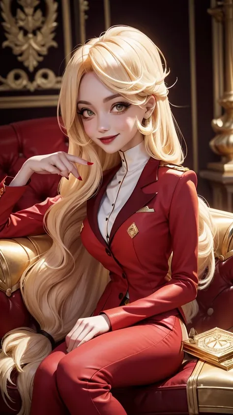 Distorted fantasy letters, (Letters in the background), symmetric, (Gold bars ), diamonds, Charlie Morningstar, long hair, red costume, red pants, 1 girl, yellow sclera, blonde hair, White skin, perfect anatomy, smiling, is sitting, The head is turned towa...