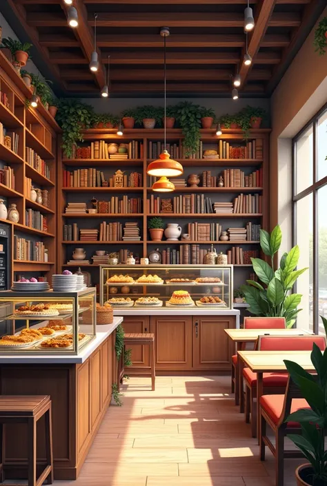 Pastry book store and boba tea drinks combo so that you can see more books and boba teas and the boba teas can be seen more and the cakes the same but a little less books and more pastries