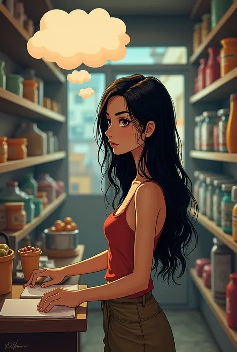 White skinned lady, long, loose, straight black hair, Latin American Peruvian, of thin build, working hard in a minimarket, while in a thought bubble he thinks about being a professional 