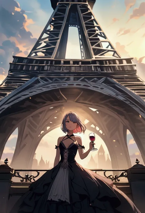 She drinking wine in Paris, looking at the lower tower