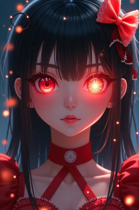 A young girl with bright red eyes and a star in her right pupil with black hair and dressed like an Oshi no Ko idol