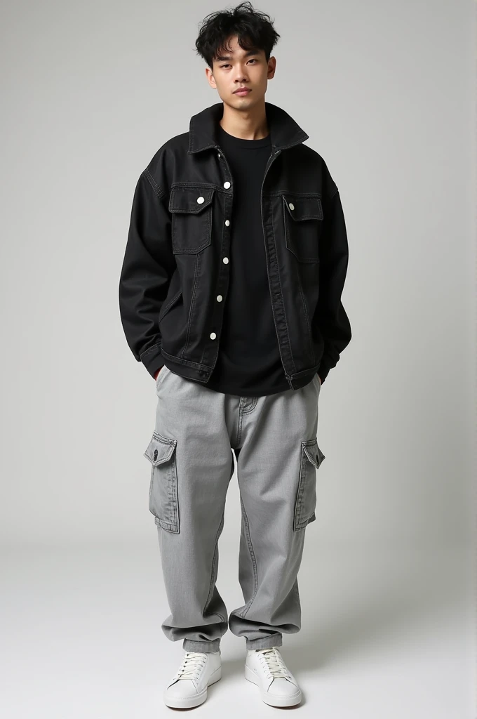 men&#39;s look composed of:black oversized t-shirt black twill denim jacket without a hood in the same shade as the t-shirt light gray wide marbled cargo pants all white high-top sneakers