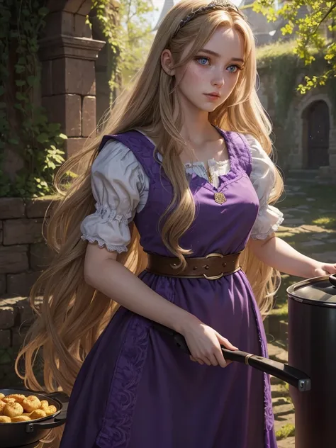 a girl age of 19, skinny,with so long long golden hair, she is rupanzel in real life,beautiful detailed eyes, beautiful detailed lips, extremely detailed eyes and face, long eyelashes, freckles, wearing a purple and light purple dirndl dress with short sle...