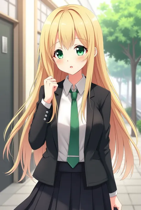 Girl with long light blonde hair that reaches her chest, with emerald green eyes. School clothes with a tie, black jacket and equally black skirt. anime style.