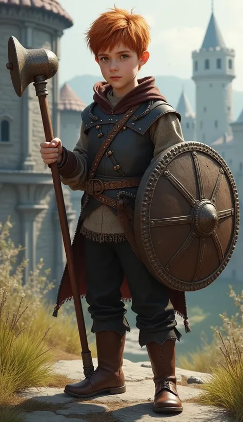 realistic, best quality, masterpiece, detailed, perfect face, fantasy, medieval, lad, male, young, beardless, adolescent, teenager, fair skin, brown eyes, ginger hair, short hair, gambeson, dark brown gambeson, black pants, studded leather boots, holding f...