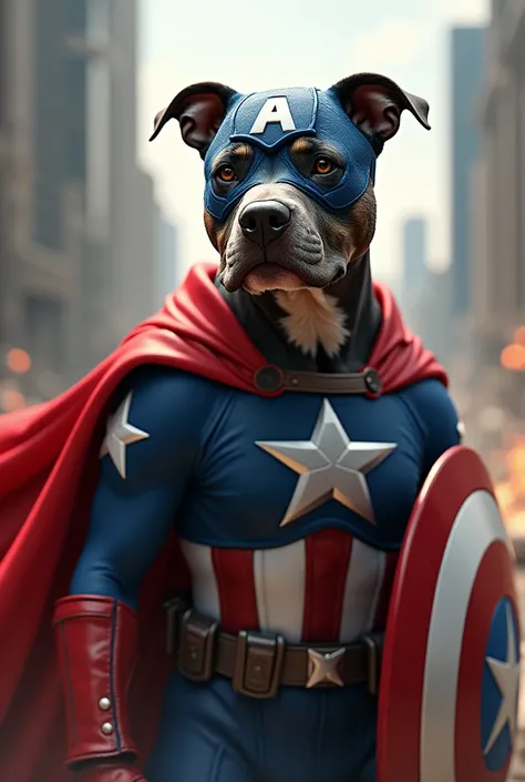 Create a image pit bull dog like captain America