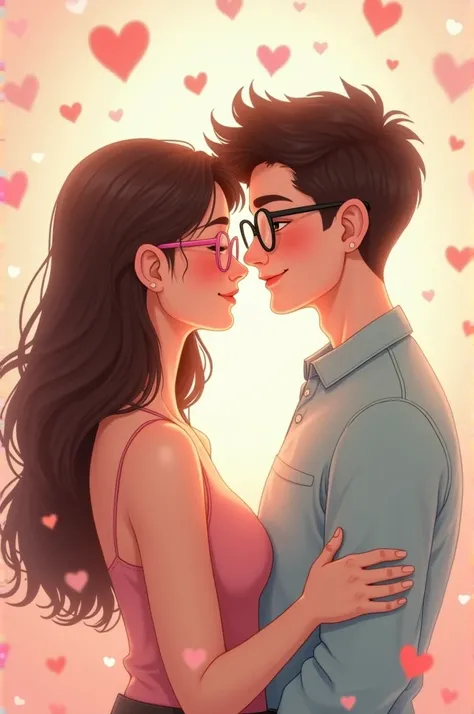 Couple of boyfriends, white boyfriend, slim with glasses and attractive and brunette girlfriend with long hair and pink glasses, in the background of hearts 