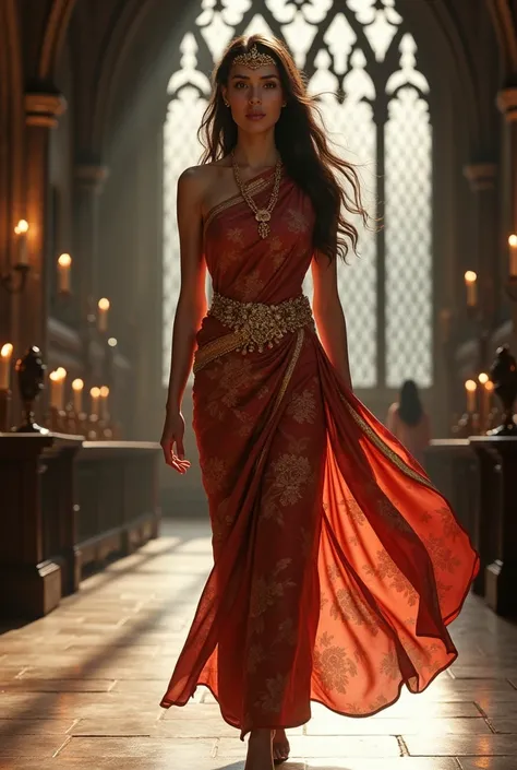 (Photorealism:1.2), The Thai princess, wearing a classic Thai dress, walked into the Great Hall of Hogwarts, wearing a Thai dress with a crown on her forehead, and a Thai dress, a Thai dress with an Ayutthaya sarong and a gold sash draped over her left sho...