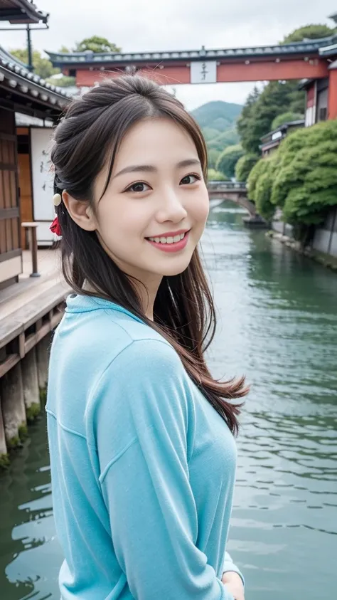 smiling asian woman with kyoto river in the background，