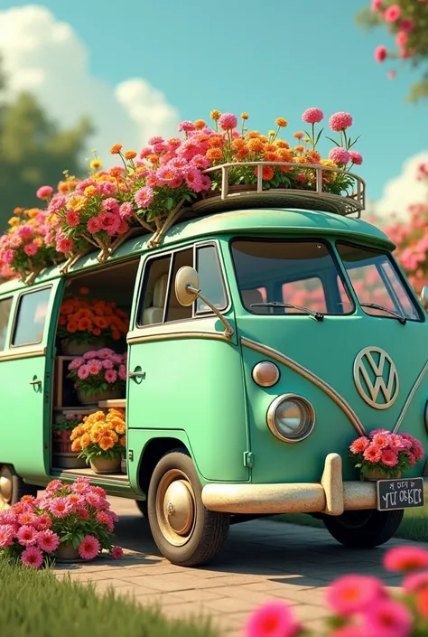 Create a light green van, with flowers being sold at the door of the van, make the van completely sideways, 180, with more flowers 