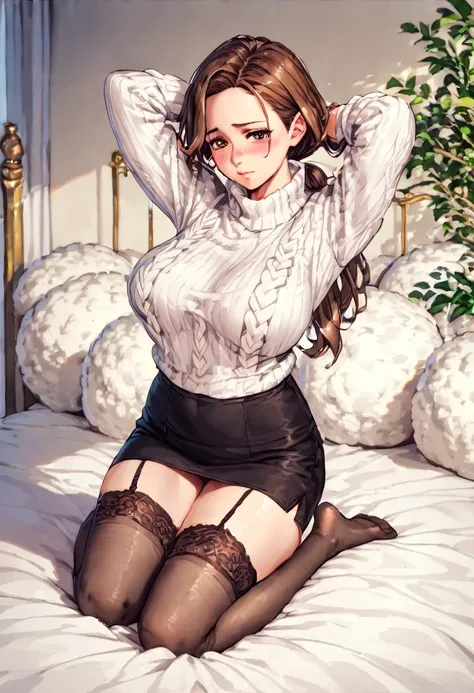 core_9, Score_8_up, Score_7_up, source_anime, full body, 1mature_female, blushing, kneeling on the bed, Apollo oversized white wool sweater, [black skirt, black sheer stockings lingerie, hands behind the head, blushing, flirtatious look, brown hair, Long h...