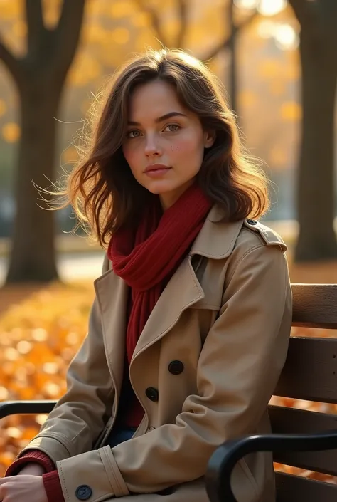 "A highly detailed portrait of a fair-skinned 2 woman with medium-length wavy brown hair, sitting at a park bench in autumn. She wears a long beige trench coat and a red scarf, her hair gently blowing in the wind. The golden autumn leaves are scattered aro...