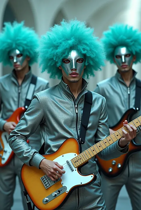 four male musicians wearing silver masks, turquoise wigs, making modal music, wearing futuristic clothes