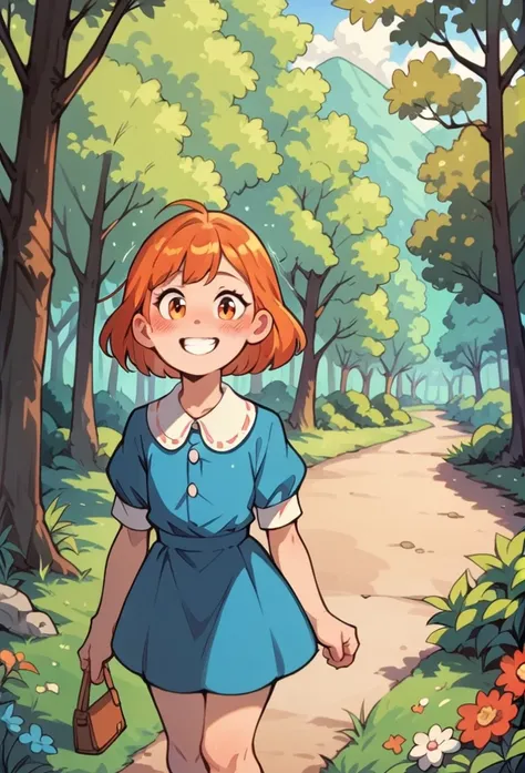 meilinlee, orange hair, blue dress, smile, blush, outdoors, forest, by diives