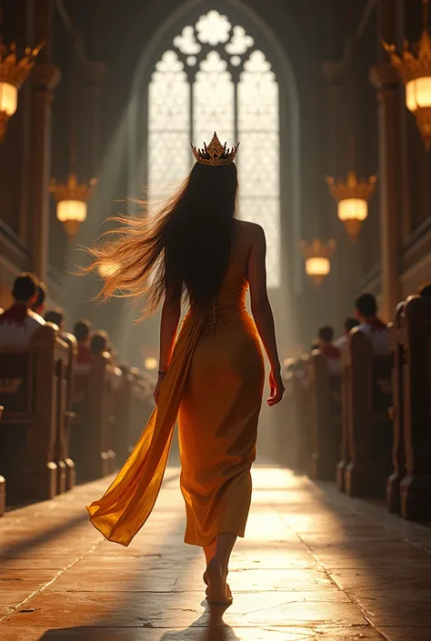 (Photorealism:1.2), The Thai princess, wearing a classic Thai dress, walked into the Great Hall of Hogwarts, wearing a Thai dress with a crown on her forehead, and a Thai dress, a Thai Dusit skirt, and a gold sash draped over her left shoulder, following h...