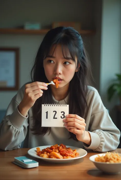 make a photo of a woman eating spicy food while holding a date on a calendar clearly with a worried face because her period is late image size 800 px landscape image model