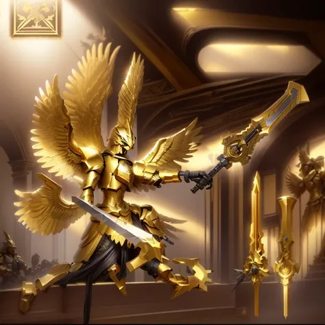 there is a gold statue of a bird with a sword, armor angle with wing, black aarakocra eagle warlord, golden sword, gold sword, sculpture made of gold, golden goddess athena, gold paladin, angelic golden armor, style of ghost blade, warhammer emperium style...