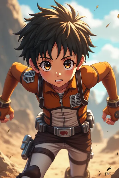 Make a boy with brown curly hair, Brown eyes, long eyelashes, slightly brown skin, Excited to fight with an Attack on Titan suit and also with the anime style
