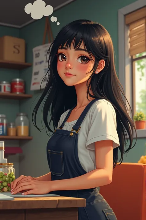 White-skinned young lady of Peruvian nationality with long black hair and bangs, medium-sized eyes, a not-so-turned nose, and a thin build, working hard in a mini market and thinking inside a thought bubble about being a professional someday.