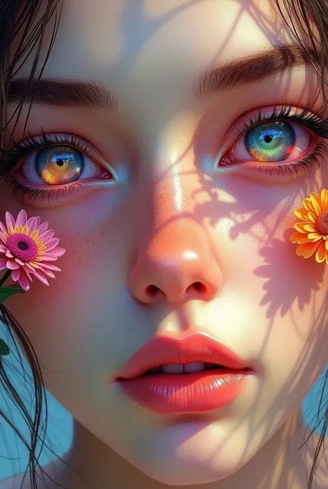 A woman with flowers in her eyes, beautiful detailed eyes, beautiful detailed lips, extremely detailed eyes and face, long eyelashes, woman wearing a flowery dress, pastel painting oil stick painting, thick coating, texture, inspired by Moebius, trippy, ((...