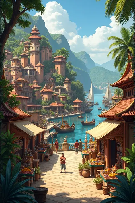 Create an image of a fantasy city that has the following elements Tropical Architecture: Colorful and vibrant buildings, often in warm tones like red, orange and yellow. Thatched roofs or clay tiles are common..

natural environment: The city must be surro...