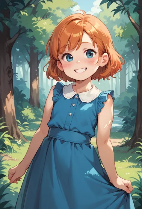 meilinlee, orange hair, blue dress, smile, blush, outdoors, forest, by diives