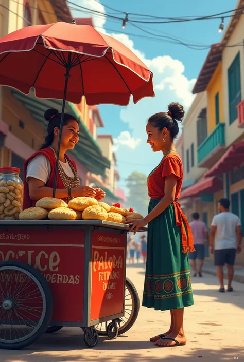 A woman selling baleadas, a woman sitting on the right side and a boy in front of the two 