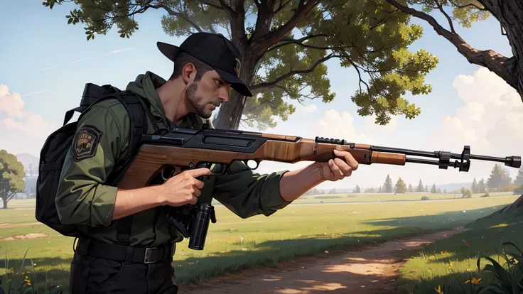 a man hiding behind a tree with a shotgun in his hand