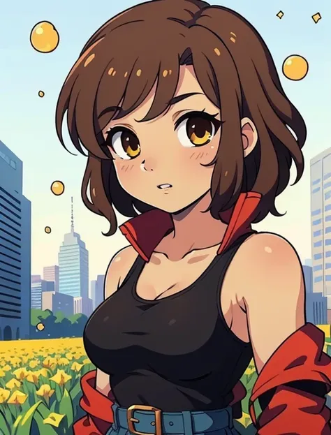 (best quality,4k,highres),ultra-detailed,realistic,portraits, mixed race Nicaraguan-Navajo woman, 24yo, short wavy hair, brown hair, (yellow colored irises:1.02), (tan-bronze skin:1.3), anime style,futuristic, Frutiger Aero aesthetic, eco- modernism, bokeh...