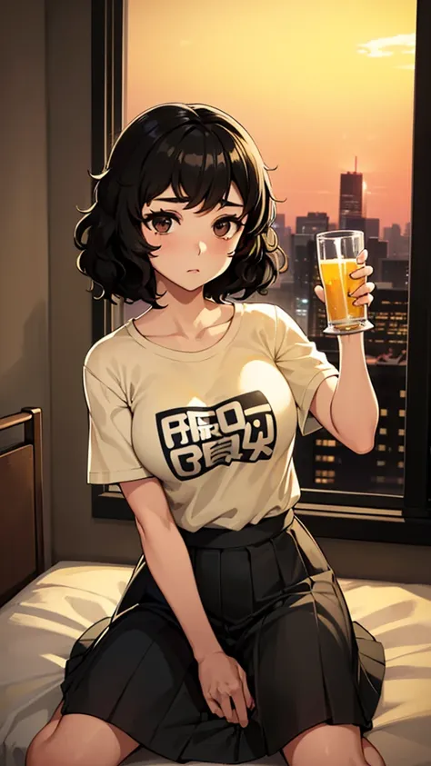 Sadayo Kawakami、Sadayo Kawakami sitting on a bed、（（holding a beer glass in hand））、Beautiful night view outside the window、ennui、Long yellow T-shirt