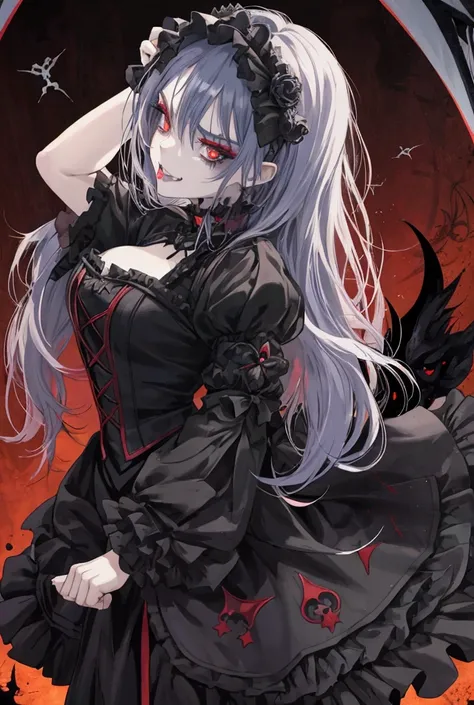 a gothic anime girl with creepy yet cute red eyes, highly detailed face and expression, looking directly at the viewer, slightly parted lips with tongue out, shot from a dutch angle showing characters profile, baring teeth in a menacing smile, heavy gothic...