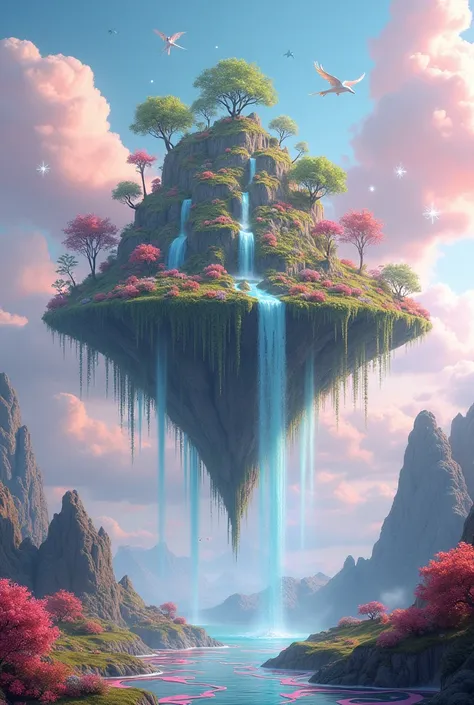 "A floating island with waterfalls, Lush vegetation and colorful flowers"
(sky full of soft pink clouds) [orbs of bright light] + fantastic animals flying around
/ abstract patterns on the floor
~ Dreamy atmosphere, calm and peaceful