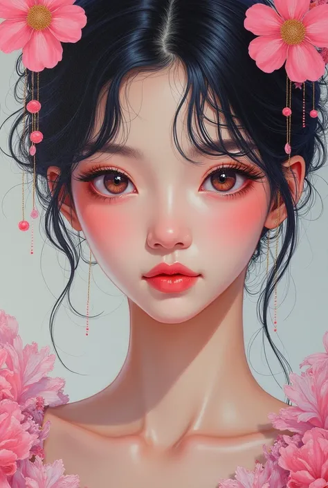 A young japanese woman, beautiful detailed eyes, beautiful detailed lips, extremely detailed eyes and face, long eyelashes, woman wearing a flowery dress, pastel painting oil stick painting, thick coating, texture, inspired by Moebius, trippy, (((watercolo...