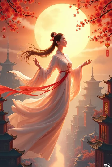 Make a Chinese Mid-Autumn Festival greeting poster，Chang&#39;e descends to earth in modern Chinese clothing。