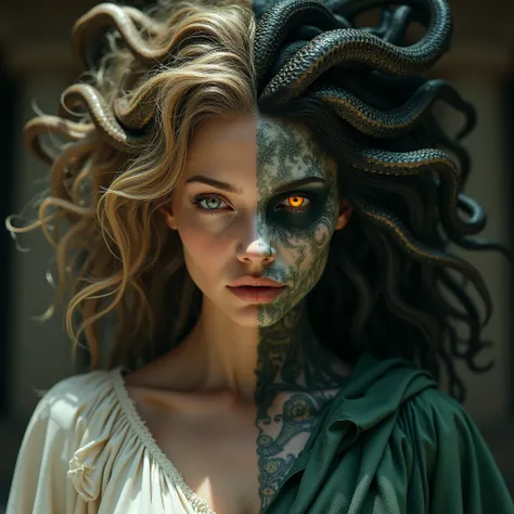 "Medusa, her face split in half, one side a beautiful woman with long flowing hair and soft features, the other side transformed into a terrifying creature with serpentine hair and glowing, furious eyes, set in ancient Greece, wearing a torn priestess robe...