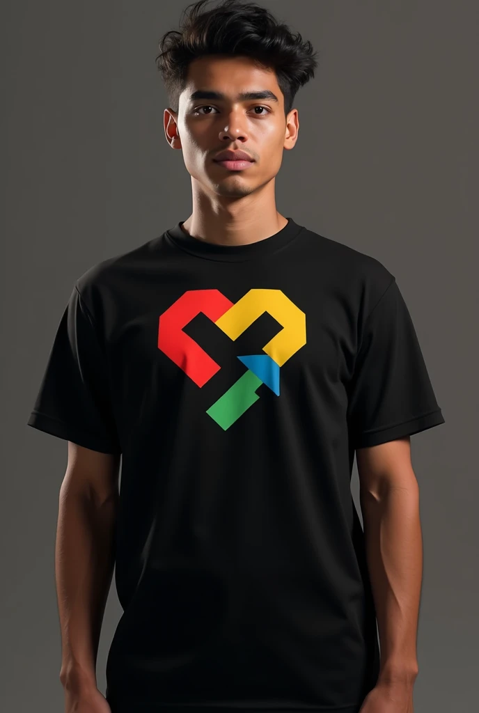 A person wearing the black tshirt and in front of tshirt the logo "<>" is printed in 4 colour red, yellow, green and blue .the logo is on the heart position 