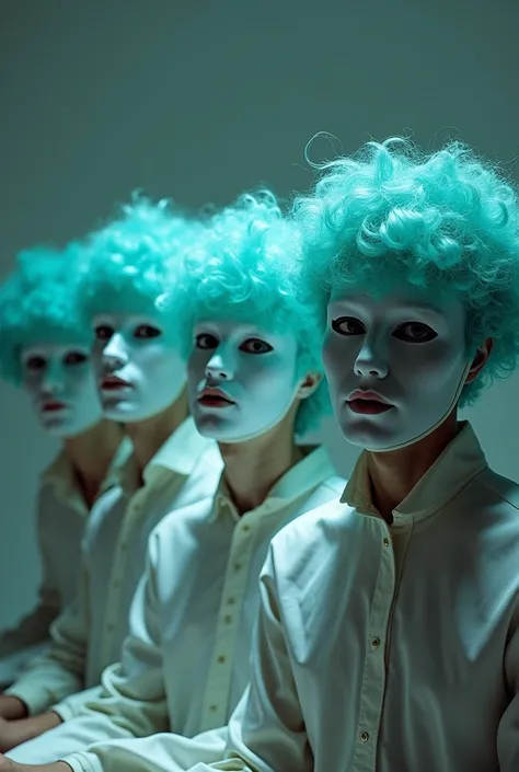 four male musicians wearing white masks, turquoise wigs, making modal music