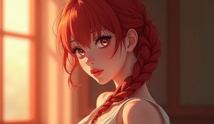 A beautiful, stunning, and sexy anime woman with braided red hair, elegant and graceful pose, detailed facial features, piercing eyes, lush lips, long eyelashes, intricate hairstyle, flowing dress, soft lighting, warm color palette, cinematic composition, ...