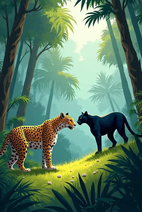 ((high quality)), ((masterpiece)), (detailed), In a vibrant corner of a tropical forest, The majestic jaguar, with golden fur and black spots, introduces his elegant new companion, the panther, with a dark and shiny coat. They both find themselves in the m...