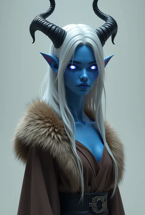 Blue skinned demon, white hair, white iris, blue skin, simple fur robe, brown clothing, tunic, demonized female, realistic textures, elf ears, glowing white eyes, horns, full body