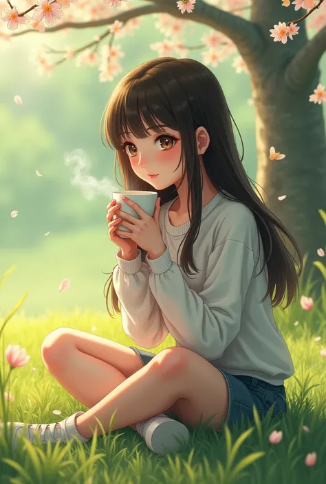 A girl, for the coffee, long, with bangs, white skin, parts, brown eyes, sitting on the grass, spring background 