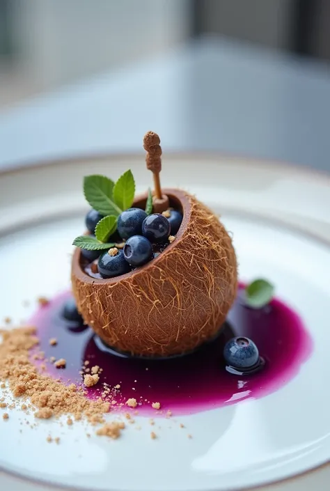 Faux coconut dessert with chocolate shell and blueberry sauce, avant-garde plating