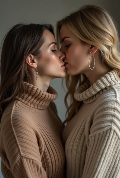 Lesbian girl sucking other girls tit through turtleneck sweater