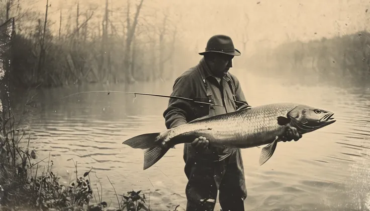 B&W Vintage, fisherman catch Giant fish